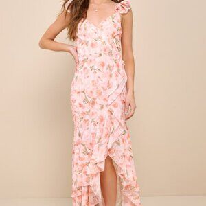Lulus Darling Glow Peach Pink Floral Ruffled High-low Maxi Dress - Size XL